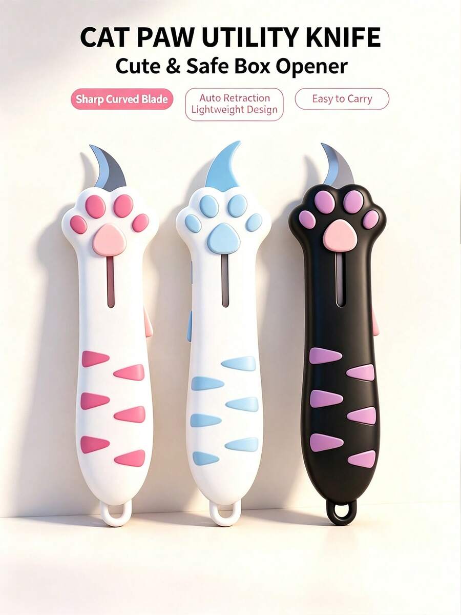 Multifunctional Pocket Knife And Pouch, Cute Cat Paw Shape Retractable Curved Blade Non-Slip Handle Mini Portable Box Opener With Lanyard Hole, Home Daily Package Cutting Portable Tool, Suitable For Students, Office Workers, Gift Lovers, Teacher Gifts, Back To School Essentials - A - View 1