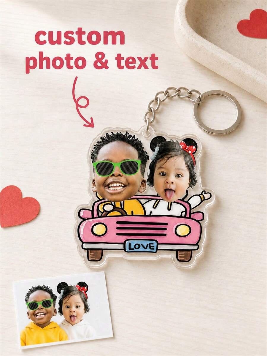 Personalized Face Cutout Photo Keychain, Custom Pink Cartoon Car With Double Photo And Text, Couple Family Keepsake For Bags And Keys - Multi-color - View 1