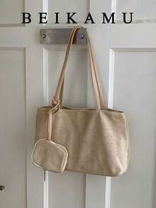 1pc Fashionable Minimalist Solid Color Large Capacity Tote Bag, Suede Versatile Shoulder Bag, Small Bag Attachment Design Underarm Bag, Suitable For University, Commuting, Shopping, Street Shopping, Daily Use - Khaki - View 1