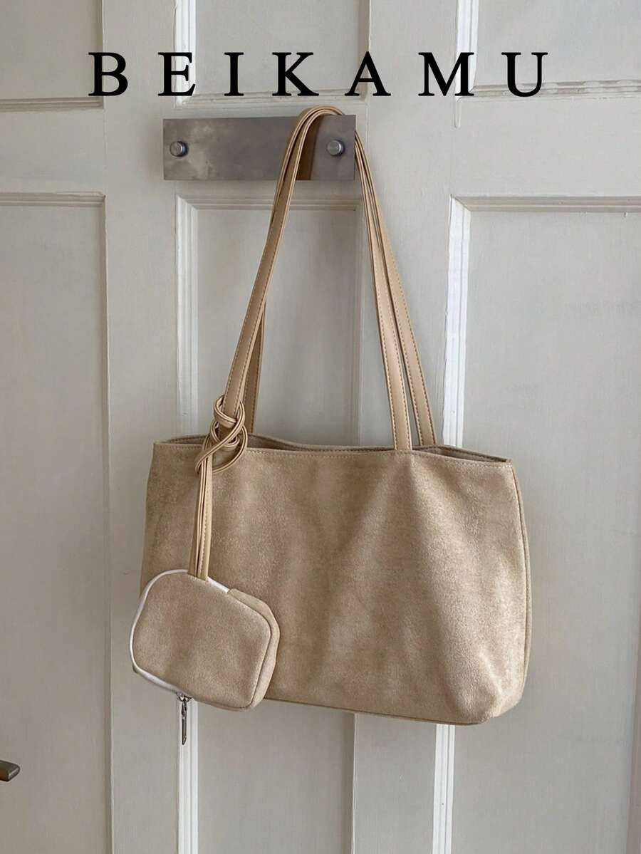 1pc Fashionable Minimalist Solid Color Large Capacity Tote Bag, Suede Versatile Shoulder Bag, Small Bag Attachment Design Underarm Bag, Suitable For University, Commuting, Shopping, Street Shopping, Daily Use - Khaki - View 1