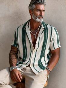GOLDREDY Fashion Printed Striped Contrast Color Men's Casual Button-Down Short Sleeve Shirt, Summer - Green - View 3