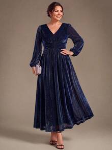 EVERPRETTY Gaun Malam Formal Wanita Ukuran Plus Elegan Musim Gugur Warna Biru Tua dengan Lengan Panjang Berkilau, Leher V, Pinggang Berkerut, Model A-Line, Gaun Tamu - Navy Blue - View 3