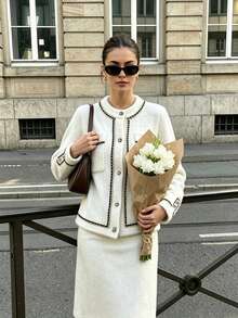 Women's 1pc Elegant White Knit Long Sleeve Button-Up Cropped Cardigan Sweater Jacket, Autumn Outfit Recommendation - White - View 6