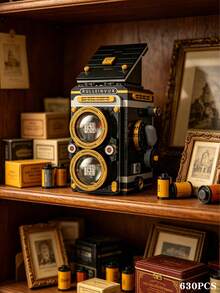 630PCS Vintage TLR Camera Building Set, Classic Double-Lens Single-Frame Camera Model Set, Black And Gold Vintage Camera Reproduction Version, Transparent Lens Cover And Flip-Over Cover Design, A Unique Creative Gift For Photography Enthusiasts - No Box - View 7