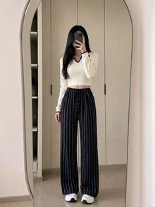 Women High Waisted Striped Wide Leg Pants, Loose Fit Long Trousers With Elastic Drawstring Waist, Casual Office Work Pants, Fall Daily Wear - Black and White - View 9