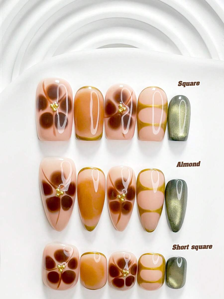 10片裝秋季花卉手工穿戴甲,Polygel美甲套組,棕色花卉美甲,韓系柔和風,3種尺寸可選,方型/短方型/杏仁型,適合派對、跳舞、日常穿戴(手工細節可能有所不同) - 彩色 - 查看 1