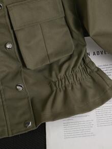 8-12 Years Tween Girl Spring/Autumn Fashion New Utility Style Pocket Design Small Stand Collar Long Sleeve Army Green Short Jacket Outerwear Top - Army Green - View 9