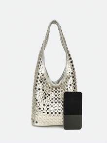 Dedoo Silver V-Shaped Double-Sided Studded Bucket Bag, Punk Style Heavy-Duty Rivet Embellished Underarm Shoulder Bag, Suitable For Work Commute And Shopping - Silver - View 7