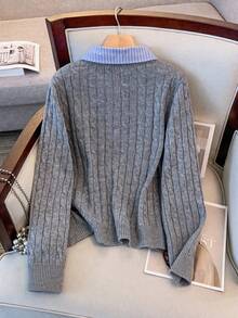 Women's New Winter Long Sleeve Polo Collar Knit Sweater Cardigan - Light Grey - View 2