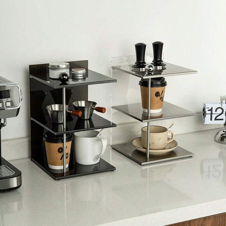 3-Tier Stainless Steel & Acrylic Countertop Shelf Organizer For Coffee Bar