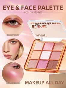 USHAS 9 Warna Palet Mata & Wajah, Eyeshadow Blush Highlighter Palet Makeup 3-in-1, Matte Shimmer Sparkle Sangat Berpigmen Tahan Air Tahan Lama - #02 Cokelat Mawar - View 2