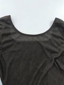 FLEXCHIC Elastic Sheer Long Sleeve Scoop Neck Fitted Casual Top Spring Black - Black - View 6