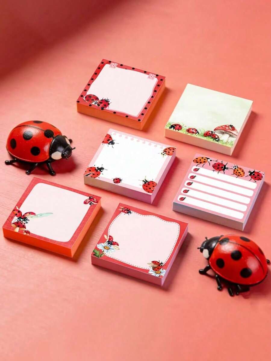 240pcs/60pcs,Cute Ladybug Pattern Sticky Notes, Decorative Self‑Adhesive Memo Pads, Cartoon Square Notepads, Planner Accessories, School Office Stationery Supplies,Essential For The Start Of School, Gifts For The Start Of School - one-size - View 1