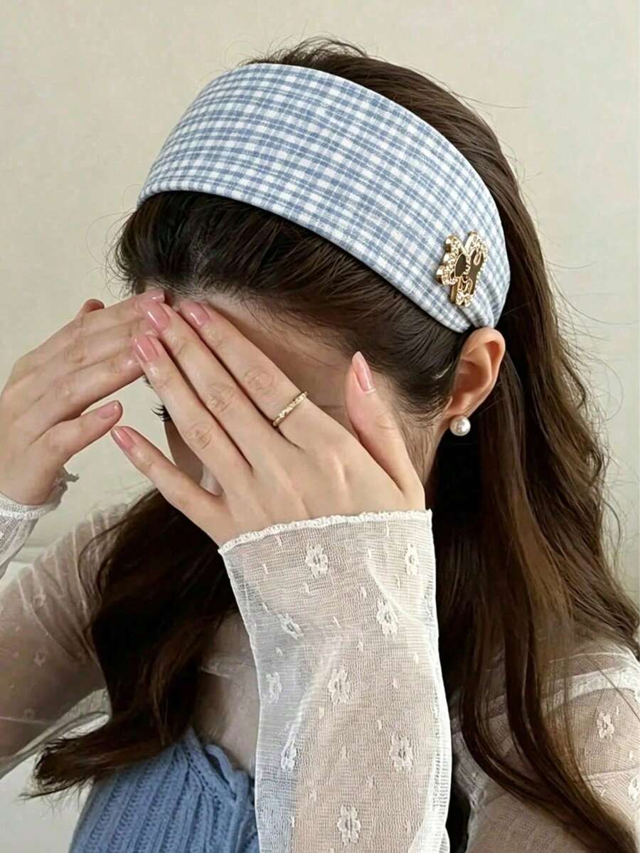 1件可愛藍色格紋寬髮箍,百搭休閒髮飾 - 彩色 - 查看 1