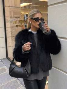 Women's Fashion Black Faux Fur Coat, Long Sleeve Design, Luxury Winter Fashion Outerwear - Black - View 2