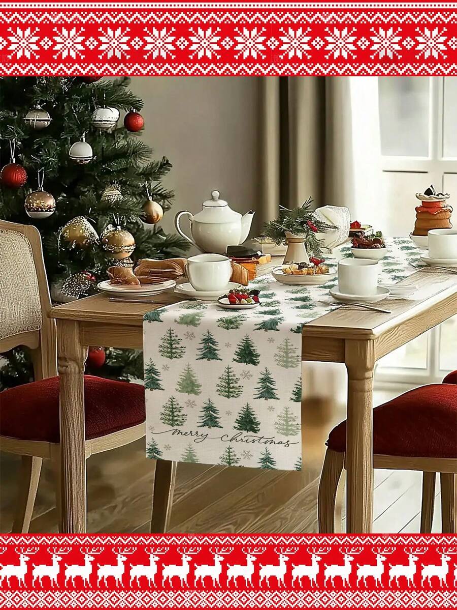 [Christmas Hot]1pc Christmas Table Runner, Christmas Tree Tablecloth, Reindeer, Snowman, Snowflake, Christmas, Merry Christmas, Christmas Decoration, Christmas Gift, Christmas Decorative Rectangular Tablecloth, Suitable For Home Decor, Living Room Decor, Multiple Size Options - Multicolor - View 1