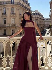 Women's Solid Color Square Neck Back Tie Scarf Ribbon A-Line Sexy Vacation Wedding Party Plus Size Dress - Burgundy - View 1
