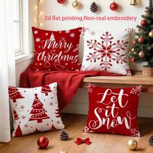 4pcs Christmas Tree & Snowflake Print Pillow Covers, Red & White Color Scheme, Christmas Atmosphere Decorative Cushion Covers, Suitable For Sofa, Bedroom And Other Home Decor (Pillow Insert Not Included) - Multicolor - View 5