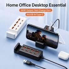 8-In-1 USB Hub Charging & Data Transfer Desktop Charging Station With Phone Holder (4 USB Ports + 4 Type-C Ports), Supports PD Fast Charging & Data Sync, Suitable For Laptops - Black - View 1