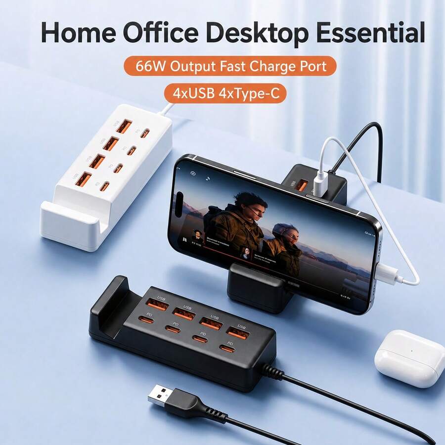 8-In-1 USB Hub Charging & Data Transfer Desktop Charging Station With Phone Holder (4 USB Ports + 4 Type-C Ports), Supports PD Fast Charging & Data Sync, Suitable For Laptops - Black - View 1