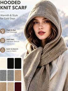 Hooded Knit Scarf, One‑Piece Hat Scarf Combo, Ribbed Knit Scarf With Hood, Winter Head And Neck Wrap Accessory, Multi‑Color Option For Cold Weather Daily Winter Outfit Matching - Multicolor - View 6