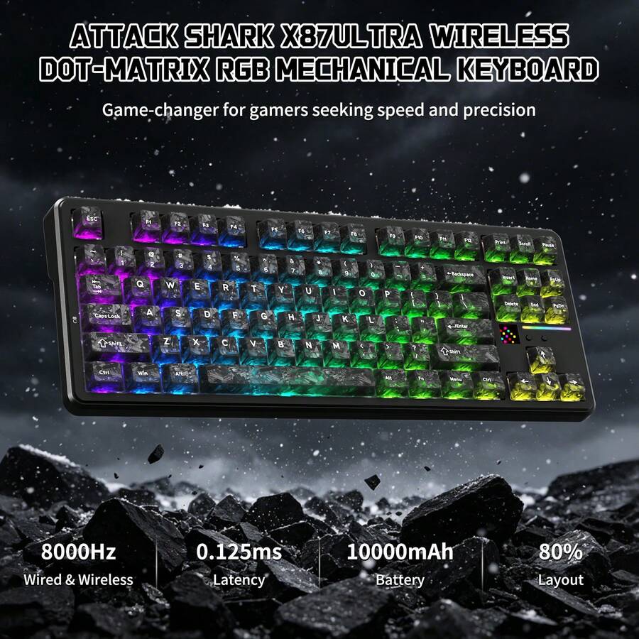 Keyboard Mekanik Nirkabel ATTACK SHARK X87 Ultra dengan Penerima Nirkabel 8K, Baterai 10000mAh, Layar Dot-Matrix, RGB 16.8M, Hot-Swappable, Keyboard yang Dapat Diprogram untuk Gamer PC - View 1
