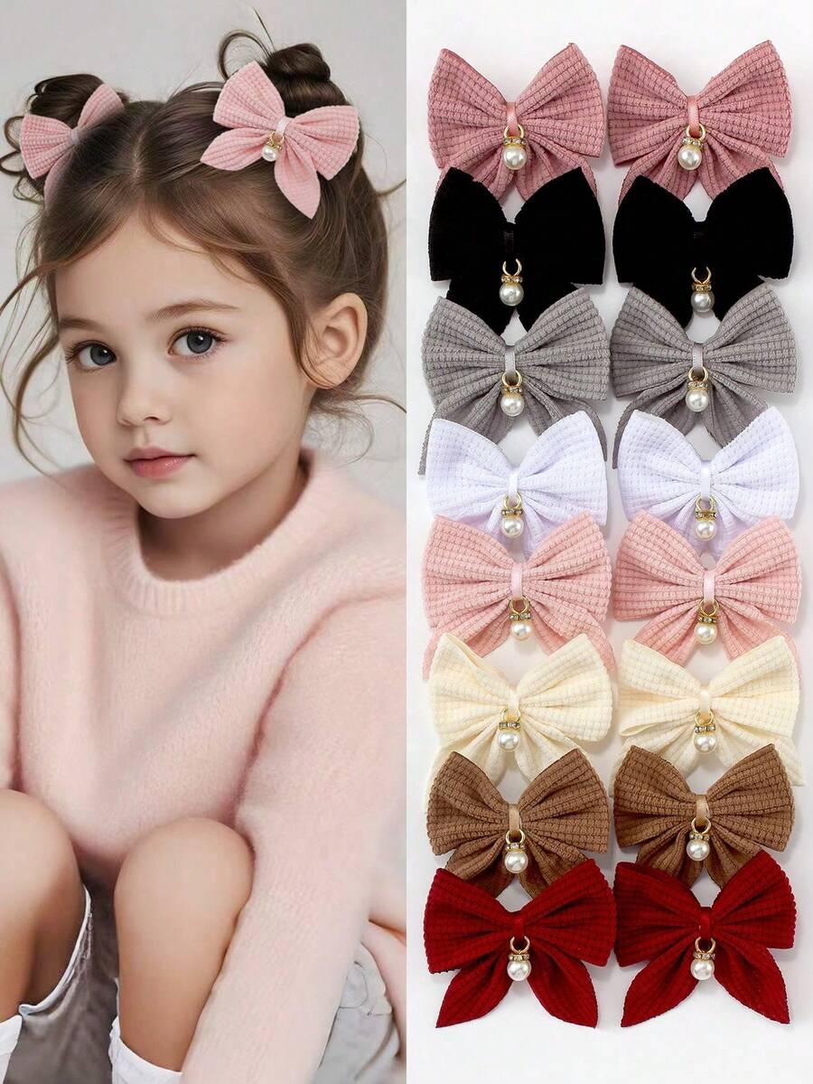 8pcs Autumn/Winter Multi-Color Fabric Plaid Bow Pearl Pendant Swallow Tail Hair Clips, Cute Girl's School Style Hair Accessories, Suitable For Daily Wear And Party - Multicolor - View 1