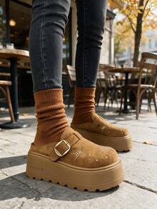 Sepatu Setengah Jari Kaki Wanita Baru dengan Hiasan Bintang Berlian Imitasi, Sol Tebal Bergerigi dari Kulit Suede, Gesper Logam, Nyaman, Anti Selip, dan Menambah Tinggi Badan, Cocok untuk Perjalanan Sehari-hari, Sekolah, Musim Gugur/Dingin - Unta - View 5