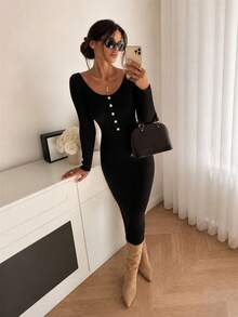 Women's Minimalist Fitted Metal Front Button Design Solid Color Sweater Dress; Autumn/Winter Elegant - Black - View 5