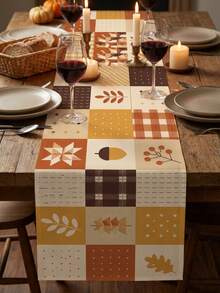 Autumn Geometric Patchwork Table Runner, Pumpkin Acorn Maple Leaf Element Combination Print Long Table Decor Cloth, Modern Country Style Thanksgiving Home Decor, Suitable For Dining Room Kitchen Daily Meals, Autumn Party - Multicolor - View 10