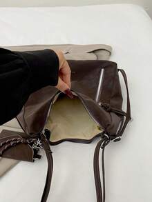 Wandering Tote Bag With Detachable Same-Material Snap Card Holder, Braided Rope Pendant, Side Zipper With Tassel, Adjustable Metal Hardware Dual Straps, Soft Casual Large Capacity Design For Books, Umbrellas, Cosmetics, Commuter Women's Shoulder Crossbody Relaxed Daily Big Bag - Coffee - View 4