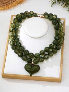 OABE 2pcs/Set Kalung Manik-Manik Hijau Bertekstur Gaya Bohemian dengan Liontin Hati, Cocok untuk Pemakaian Sehari-hari Wanita, Aksesori Hadiah Liburan/Ulang Tahun - Hijau Tentara - View 3
