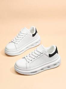 Men's Minimalist Solid Color Daily Outdoor Commute Height-Increasing Front Lace-Up White Sneakers, Random Embossed Design Versatile Comfortable Casual Couple Walking Shoes - White - View 3