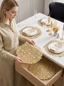 4/120pcs Gold Hollow Flower PVC Placemats, Washable Tabletop Protection Pads, Non-Slip Tableware Mats, Odorless Decorative Mats, Suitable For Restaurants, Cafes, Homestays, Fit For Holidays, Parties, Gatherings, Birthdays, Weddings, Dinners - Multicolor - View 1