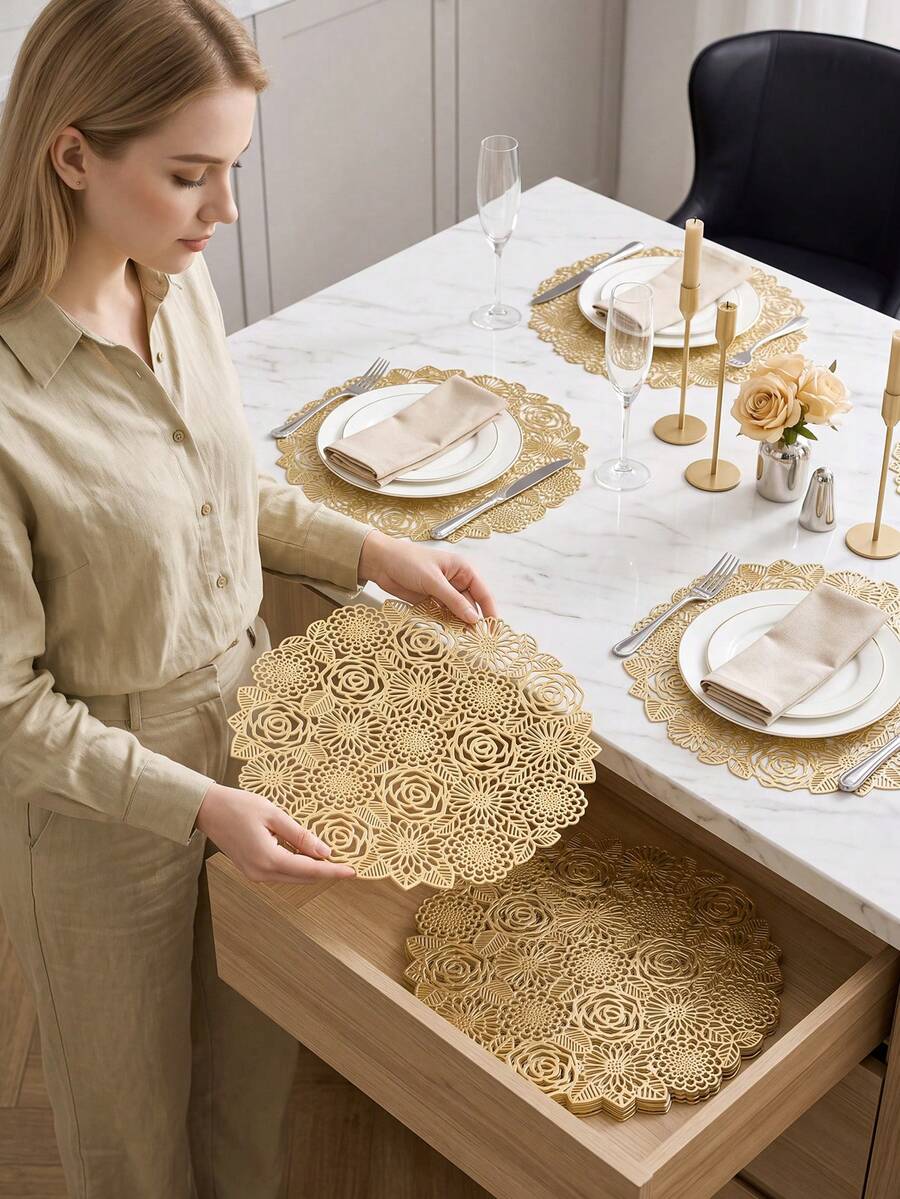 4/120pcs Gold Hollow Flower PVC Placemats, Washable Tabletop Protection Pads, Non-Slip Tableware Mats, Odorless Decorative Mats, Suitable For Restaurants, Cafes, Homestays, Fit For Holidays, Parties, Gatherings, Birthdays, Weddings, Dinners - Multicolor - View 1