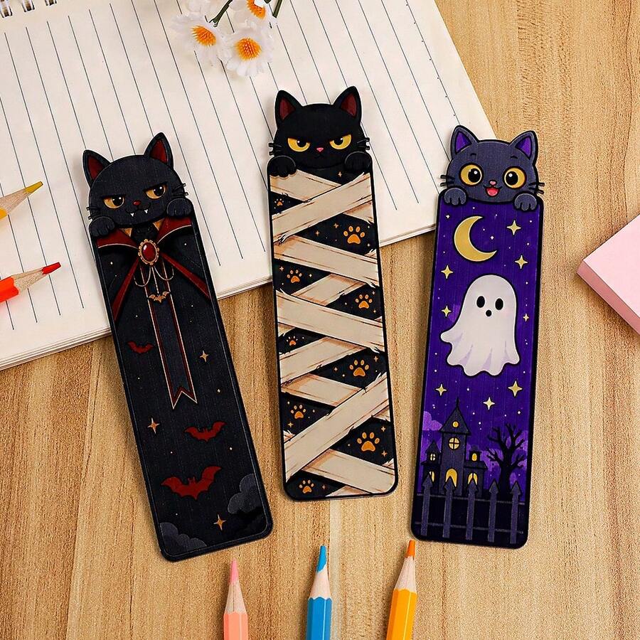 Fun Halloween‑Themed Cat‑Shaped Acrylic Bookmarks, Creative And Cute Vampire, Mummy And Ghost Cat Page Markers, Reading Decorative Accessories, Perfect Halloween Gifts For Cat Lovers And Book Lovers