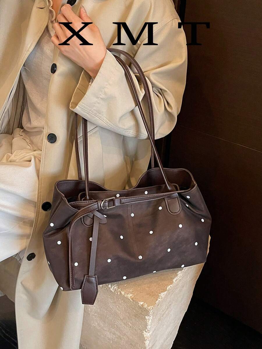 1pc Vintage Rivet Large Capacity Tote Bag, Commuter Oversized Underarm Bag, Fashion Motorcycle Bag, PU Matte Leather, Shoulder Strap, Zipper Closure, Women's Work/School/Travel/Shopping/Business Shoulder Bag, Suitable For Daily Use - Coffee Brown - View 1