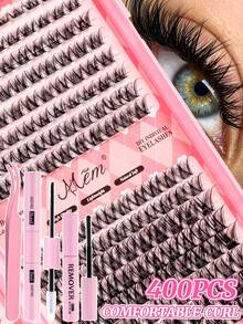 400 Clusters Single Lash Extension Set, D Curl Mixed Length 8-16mm, 2 Styles. Includes Lash Glue, Glue Remover And Tweezers Essential Tools, Suitable For Beginners DIY Home Use, Applicable For Daily Wear, Parties And Music Festivals - Black - View 3
