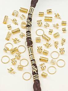 60pcs Gold Hair Ties, Suitable For Braids, 6 Styles (Leaf Shape), Suitable For Dreadlocks, Adjustable Hairbands, Hair Accessories, Braid Decorations, Hair Bead Decorations, Girls Style - Gold - View 3
