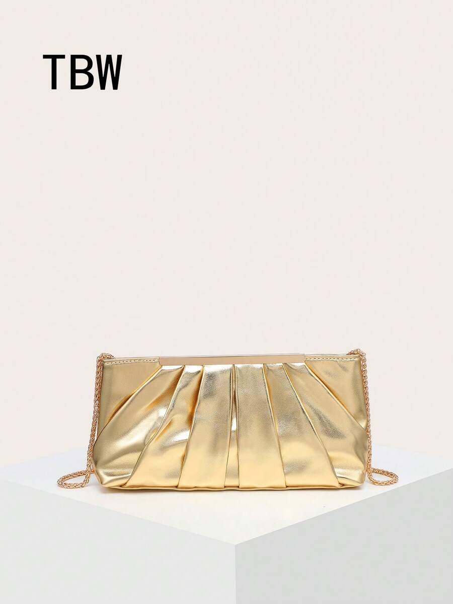Women's Pleated Cloud PU Gold Fashion Crossbody Chain Square Bag, Evening Bag, Suitable For Shopping And Attending Evening Parties - Gold - View 1