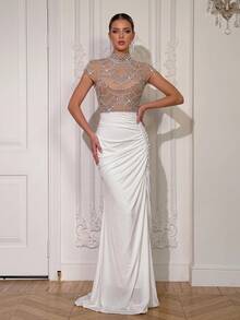 Modphy Luxury High Neck Sheer Mesh Beaded Rhinestone Mermaid Evening Gown, White Pleated Slim Fit Long Party Dress - Apricot - View 1
