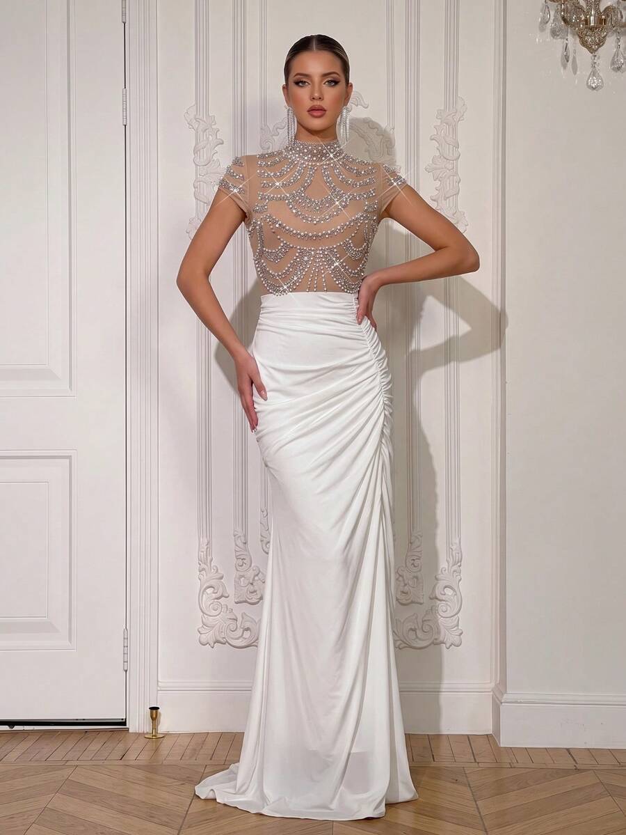 Modphy Luxury High Neck Sheer Mesh Beaded Rhinestone Mermaid Evening Gown, White Pleated Slim Fit Long Party Dress - Apricot - View 1