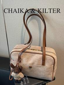 CHAIKA & KILTER 1件裝純色麂皮布料女款復古時尚啞光保齡球肩背包，對比色絎縫縫線，雙手把設計，拉鍊開合，適合日常與街頭使用（附吊飾） - 卡其色 - 查看 5