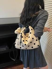 熱門女款新款大容量通勤斜挎肩背包 小眾設計手提包 休閒百搭極簡時尚托特包 舒適布料 PU 皮革紋理 純色設計 拉鍊開合 可調節長肩帶 大容量 附吊飾 - 卡其色 - 查看 8