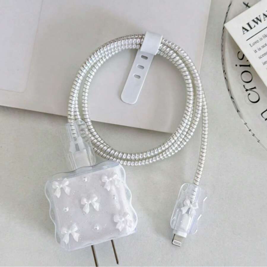 Pearl White Bow, Suitable For 18W/20W Charger Protective Case, Data Cable Protective Case - 20W Wavy White Small Butterfly - View 1