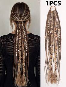 1 buah Wig Ekor Kuda Kepang Gaya Boho Hippie, Ekstensi Rambut Kepang Sintetis yang Dihiasi dengan Rumbai Benang, Manik-manik Kayu, dan Tabung Logam, Cocok untuk Festival Musik, Pesta Rave, dan Pemakaian Sehari-hari - MultiWarna - View 15