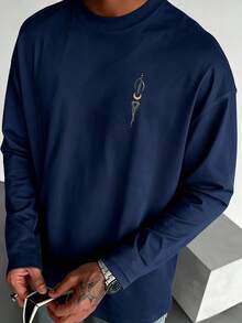Men's Spring/Autumn Fashion Versatile Minimalist Line Combination Element Print Casual Crew Neck Long Sleeve T-Shirt - Navy Blue - View 2