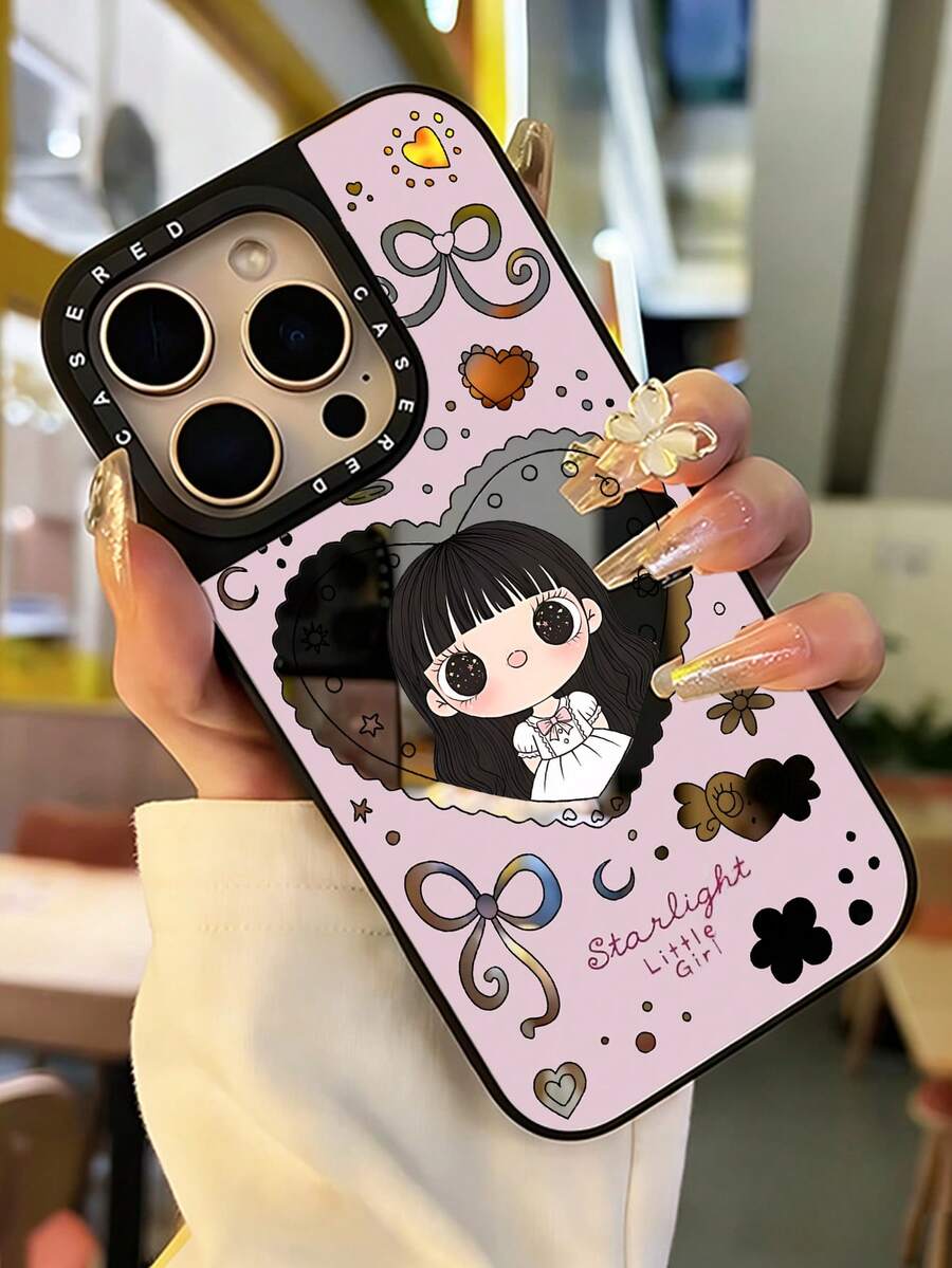 1pc Makeup Mirror Phone Case, Heart & Bow Girl Personalized Pattern Full Coverage Anti-Drop Phone Case Compatible With Apple 17 16 15 14 13 12 11 Pro Max - Multicolor - View 1