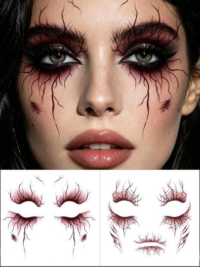 2pcs Vein Design Fake Tattoo For Halloween Party Body Art, Waterproof Vascular Tattoo Stickers For Women Men Eyebrow Face Makeup, Halloween Cosplay Face Tattoo Sticekrs