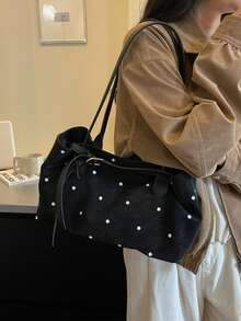 1pc Vintage Rivet Large Capacity Tote Bag, Commuter Oversized Underarm Bag, Fashion Motorcycle Bag, PU Matte Leather, Shoulder Strap, Zipper Closure, Women's Work/School/Travel/Shopping/Business Shoulder Bag, Suitable For Daily Use - Black - View 3